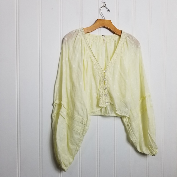 Free People Ballon Sleeve Crop Top Womens Yellow Button V Neck Longsleeve - Picture 2 of 15